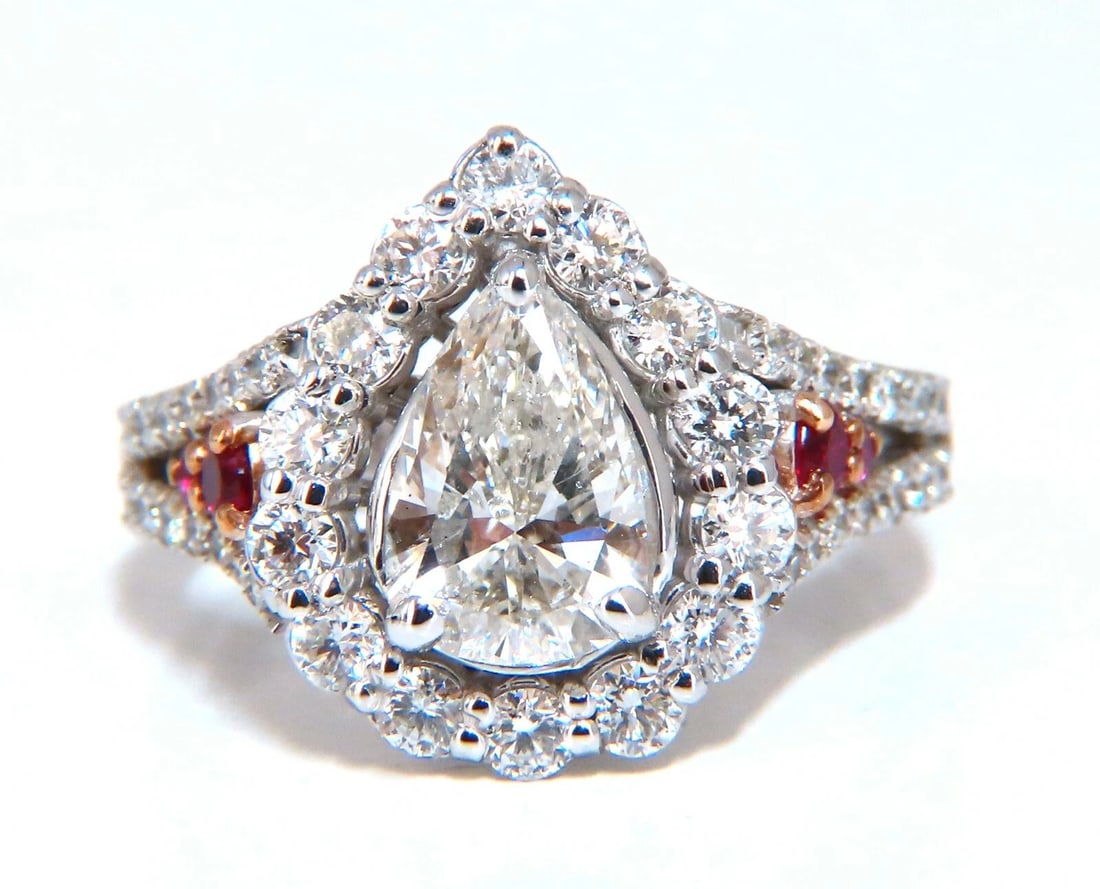 2.40ct Natural Pear Shaped Diamond Ruby Cocktail Halo Cluster Ring 14 Karat *v: Title: 2.40ct Natural Pear Shaped Diamond Ruby Cocktail Halo Cluster Ring 14 Karat *v Description: Pear Diamond cluster ring. 1.30ct. Natural Pear Shape diamond J color Si-2 clarity 1.00ct side round 