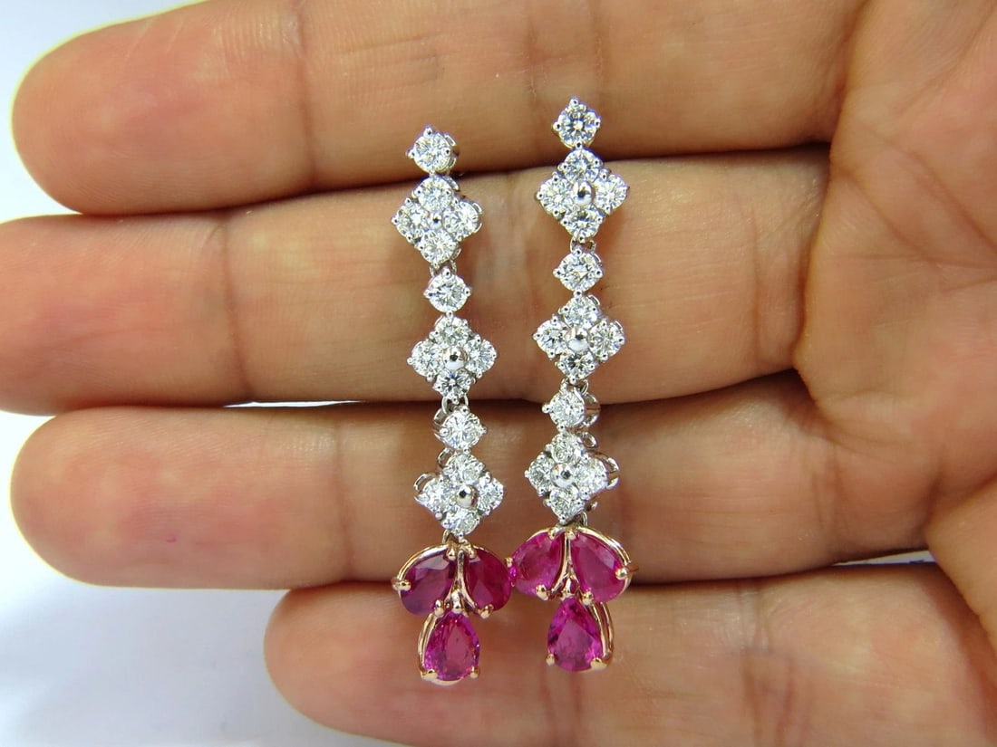 5.94CT NATURAL RED NO HEAT RUBY DIAMOND DANGLE EARRINGS 14KT ** - 7
