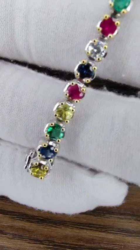 7.36ct natural ruby emerald sapphires diamond tennis bracelet 14kt gold *v - 3