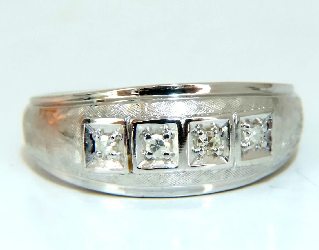 Mens .15ct natural round cut diamonds wide band bead 14 karat *v: Title: Mens .15ct natural round cut diamonds wide band bead 14 karat *v Description: Men's Single cut (4) diamond wide graver etched band. .15ct. natural round cuts, bead set. Si-1 clarity H-color Nat