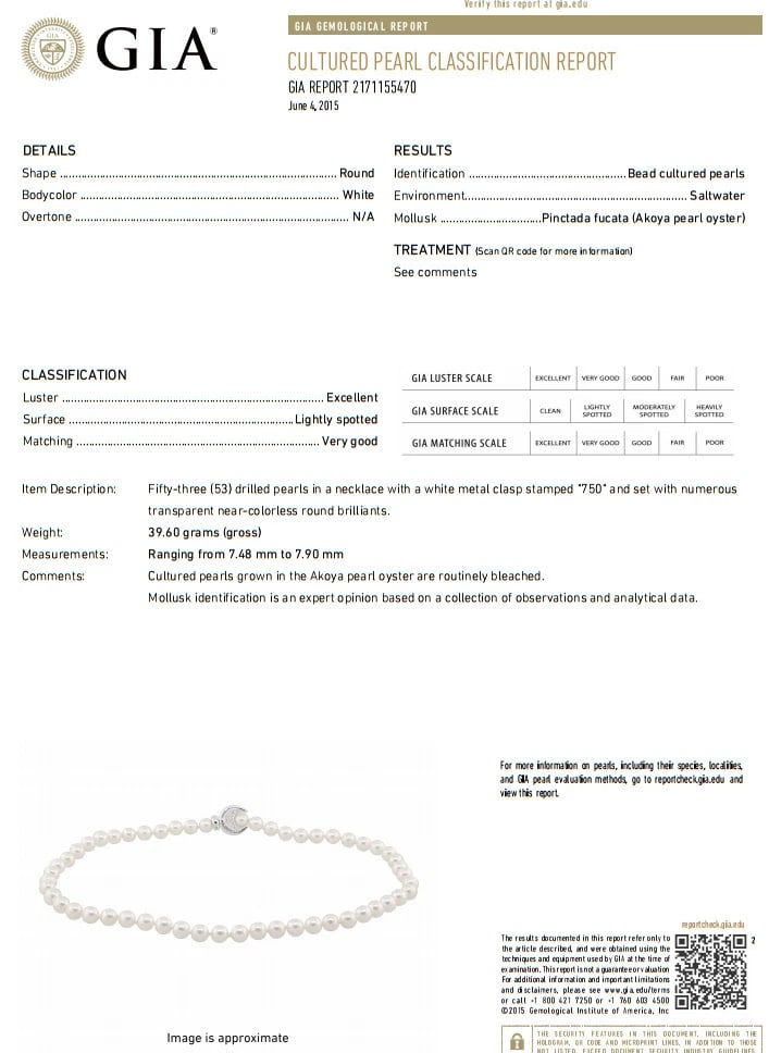 GIA Certified 53 Natural Akoya Pearls Necklace Saltwater Pintada Fucata 18kt ** - 7