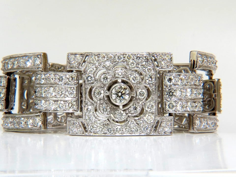 Magnificent 20ct Natural Round Diamonds Wide Cuff Link Bracelet 18kt**: Title: Magnificent 20ct Natural Round Diamonds Wide Cuff Link Bracelet 18kt** Description: MAGNIFICENT JEWELS Classic Art Deco Revival Fashion 20.00ct. Diamonds bracelet Classic Clusters hand linked, 