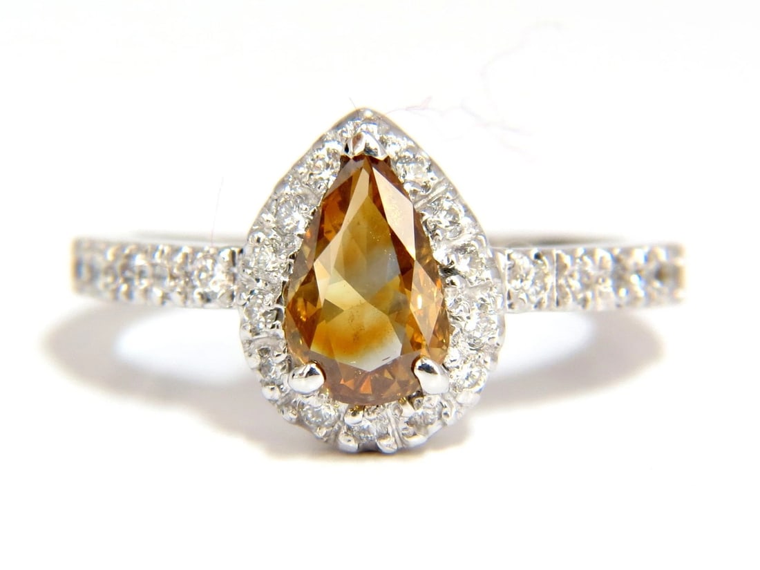 1.60ct. natural fancy color yellow brown diamonds halo ring 14kt *v: Title: 1.60ct. natural fancy color yellow brown diamonds halo ring 14kt *v Description: Sparkling Golden Yellow Browns Flash Fancy color Pear cut Diamond ring. Natural Fancy color Center diamond: