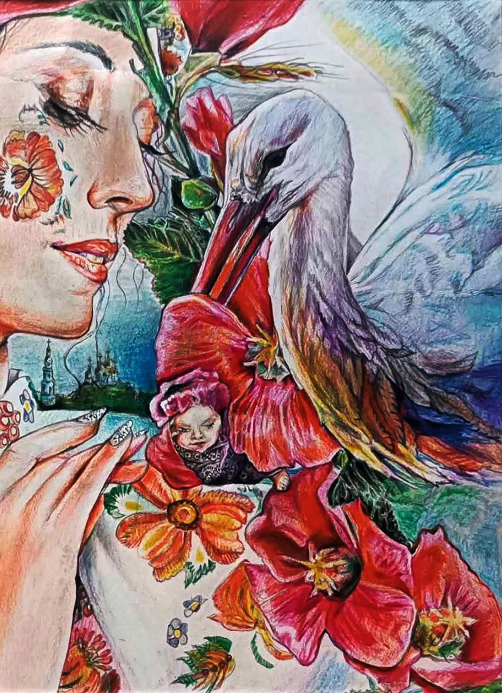 Color pencil painting A gift from a stork Elena Yurko: Title: Color pencil painting A gift from a stork Elena Yurko Description: 13YURK Painter: Elena Yurko Size: 40?30 cm/15.74x11.81 inches Components: color pencil, paper Original painting CONDITION: