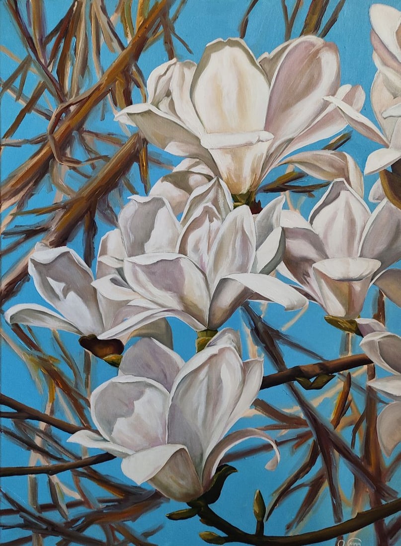 Oil painting White Magnolias Oksana Sklym: Title: Oil painting White Magnolias Oksana Sklym Description: 4SKLIM Painter: Oksana Sklym Size: 70x50 cm/27.55x19.68 inches Components: oil, canvas Original painting CONDITION: excellent ARTIST: