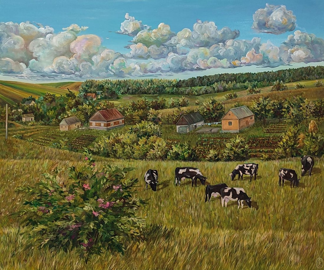 Oil painting Life in the village in summer Oksana Sklym: Title: Oil painting Life in the village in summer Oksana Sklym Description: 9SKLIM Painter: Oksana Sklym Size: 100x120 cm/39.37x47.24 inches Components: oil, varnish, canvas Original painting