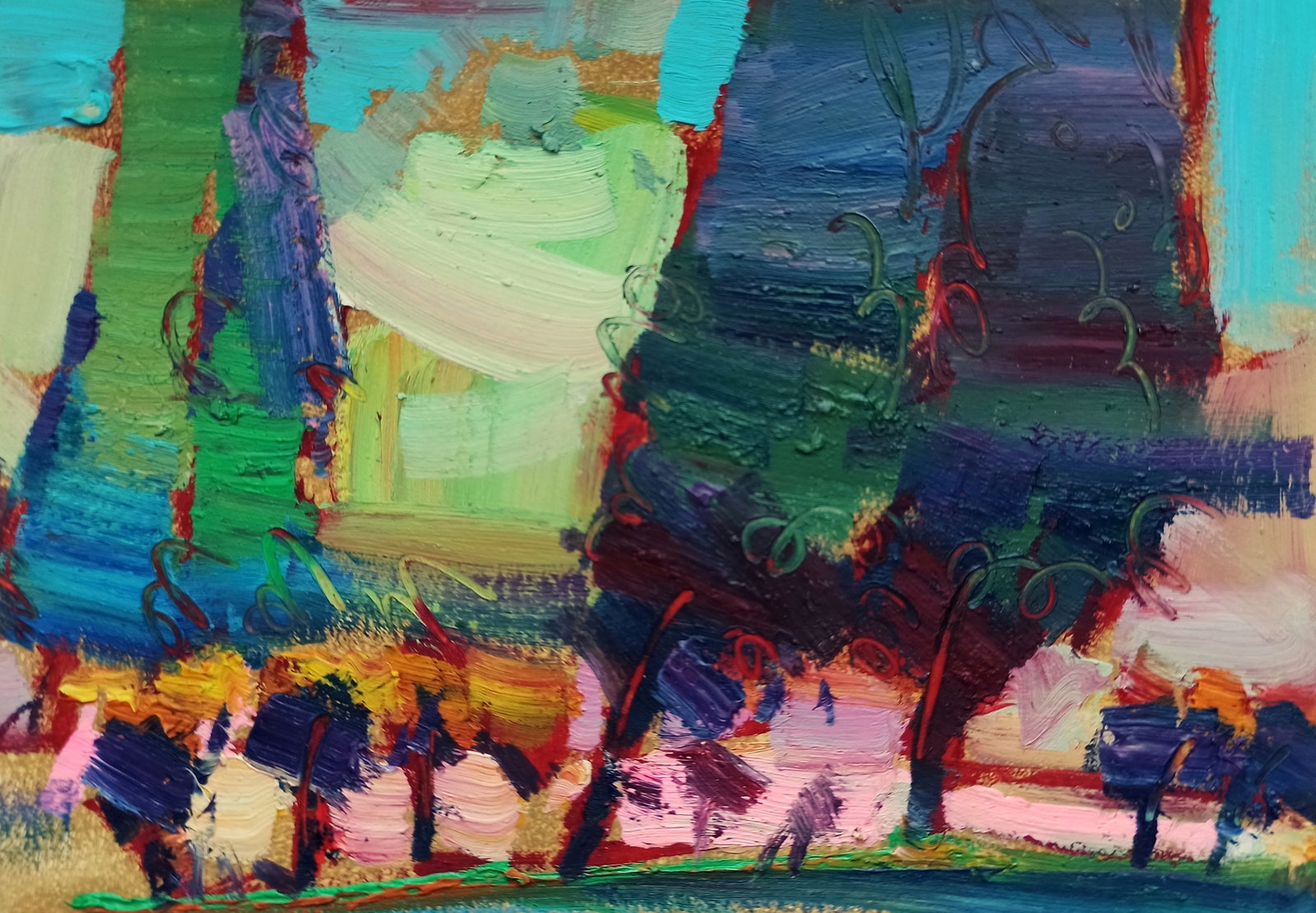 Oil painting Among the big trees Viktor Khadzhinov: Title: Oil painting Among the big trees Viktor Khadzhinov Description: 38KHADZ Painter: Viktor Khadzhinov Size: 16x12 cm/6.29x4.72 inches Components: oil, cardboard Original painting CONDITION: excell
