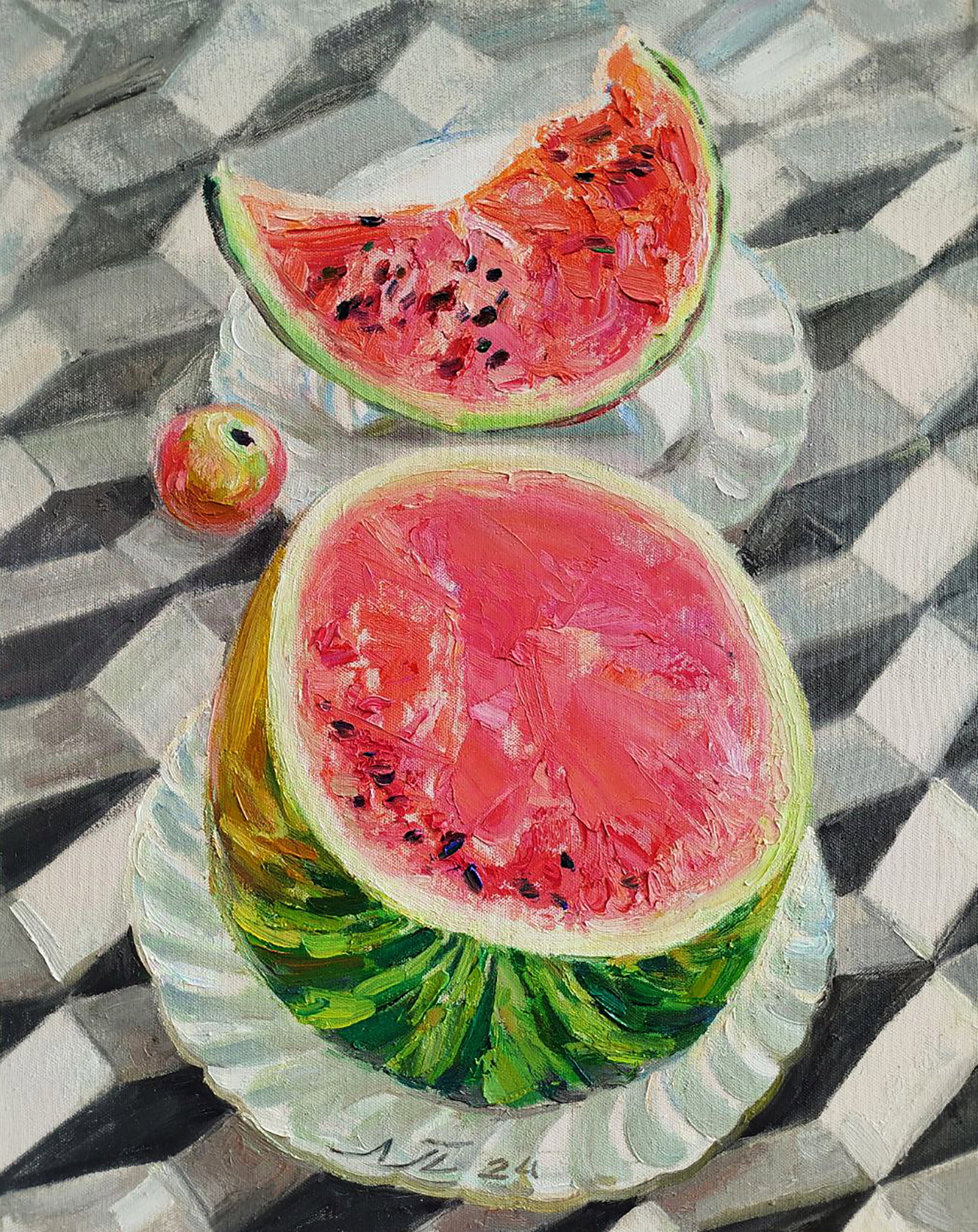 Oil painting Watermelon with apple Leonid Pavlenko: Title: Oil painting Watermelon with apple Leonid Pavlenko Description: 131PAVL Painter: Leonid Pavlenko Size: 50x40 cm/19.68x15.74 inches Components: oil, canvas Original painting CONDITION: