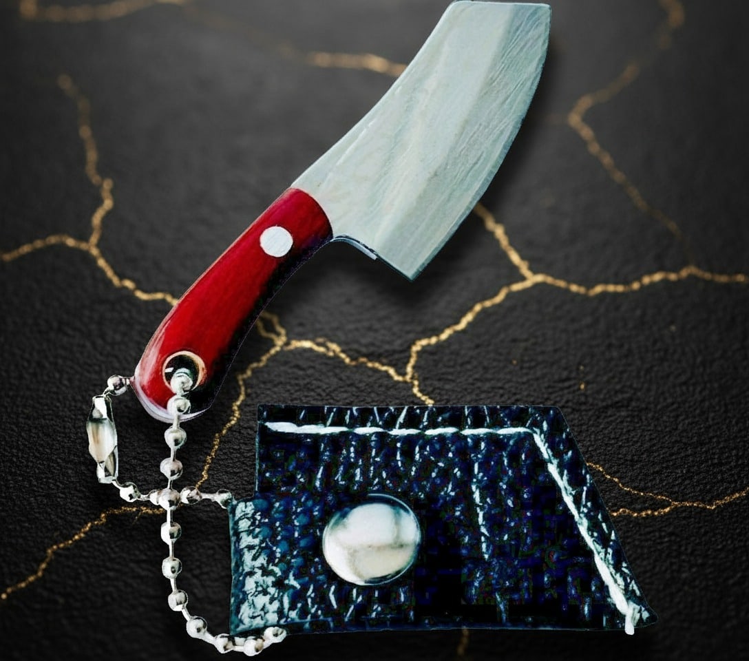 Miniature Steel Cleaver Keychain Necklace Wood Handle Butcher Knife Charm - 3