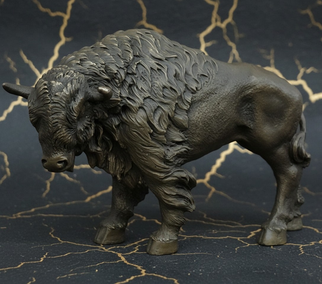 Western Bronze American Bison Bull Sculpture Animal Figurine Decor Art (1 of 5)