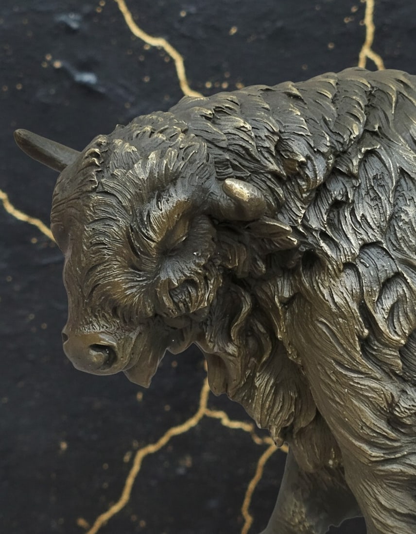 Western Bronze American Bison Bull Sculpture Animal Figurine Decor Art - 2