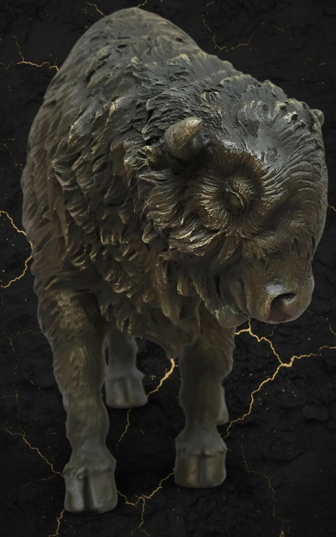 Western Bronze American Bison Bull Sculpture Animal Figurine Decor Art - 3
