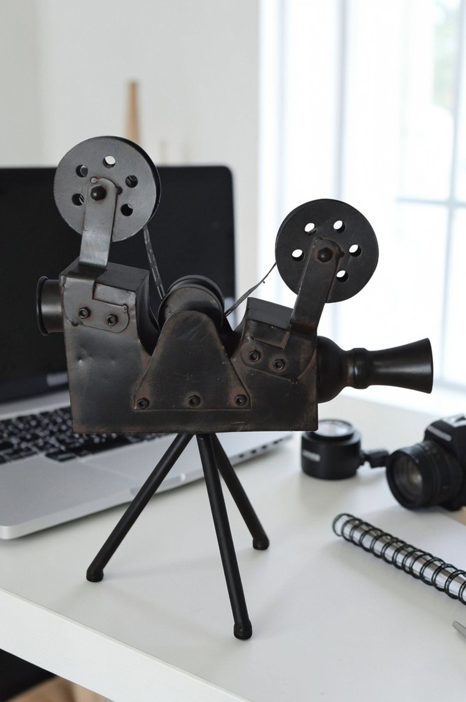 Movie Reel Abstract Metal Statue on tripod - Size: 12"L x 6"W x 15"H. - 2