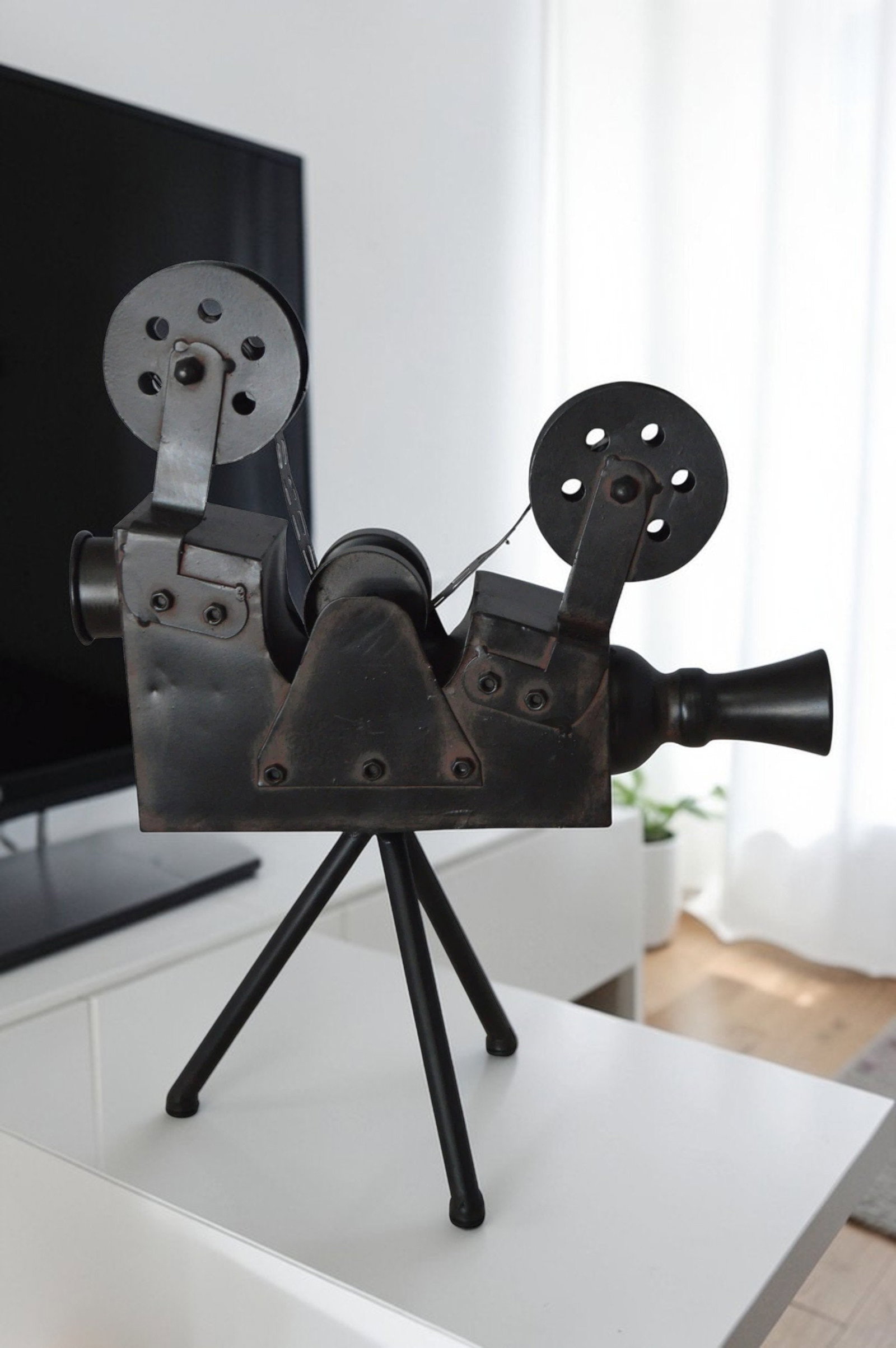 Movie Reel Abstract Metal Statue on tripod - Size: 12"L x 6"W x 15"H. - 4