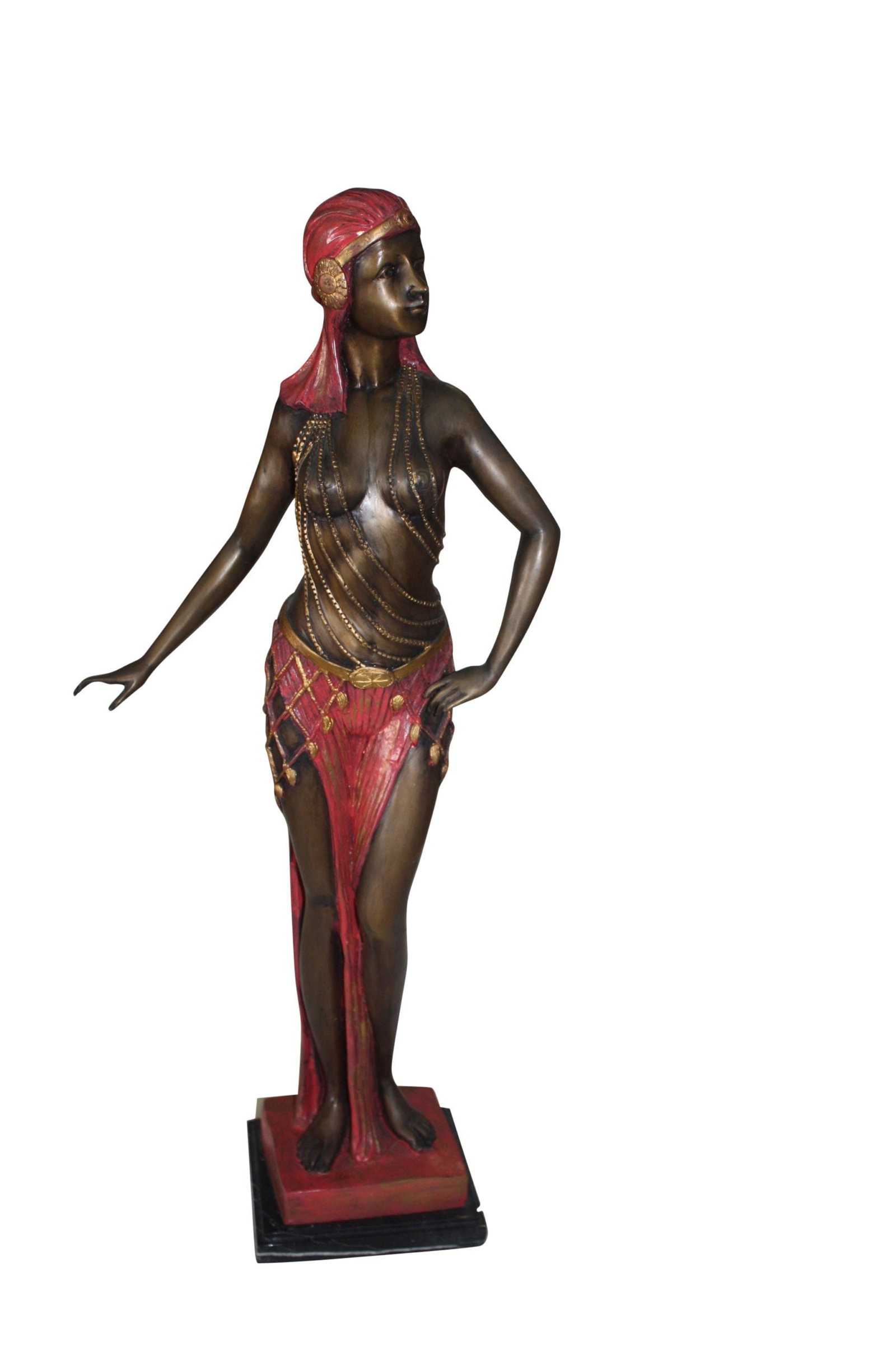28"H Egyptian lady Bronze Statue: Title:28"H Egyptian lady Bronze Statue Description:Egyptian Lady With Majestic Expression Wearing Earrings Of Semi-Precious Stones, Ornate Jewelry And Headdress, And Long Braids Hanging Down Back. 100