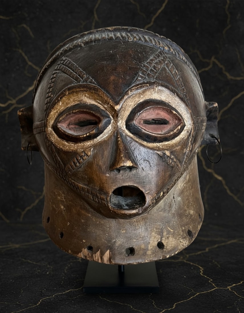 11.5" Hand-Carved Wooden Tribal Helmet Mask from Africa with Display Stand (1 of 6)