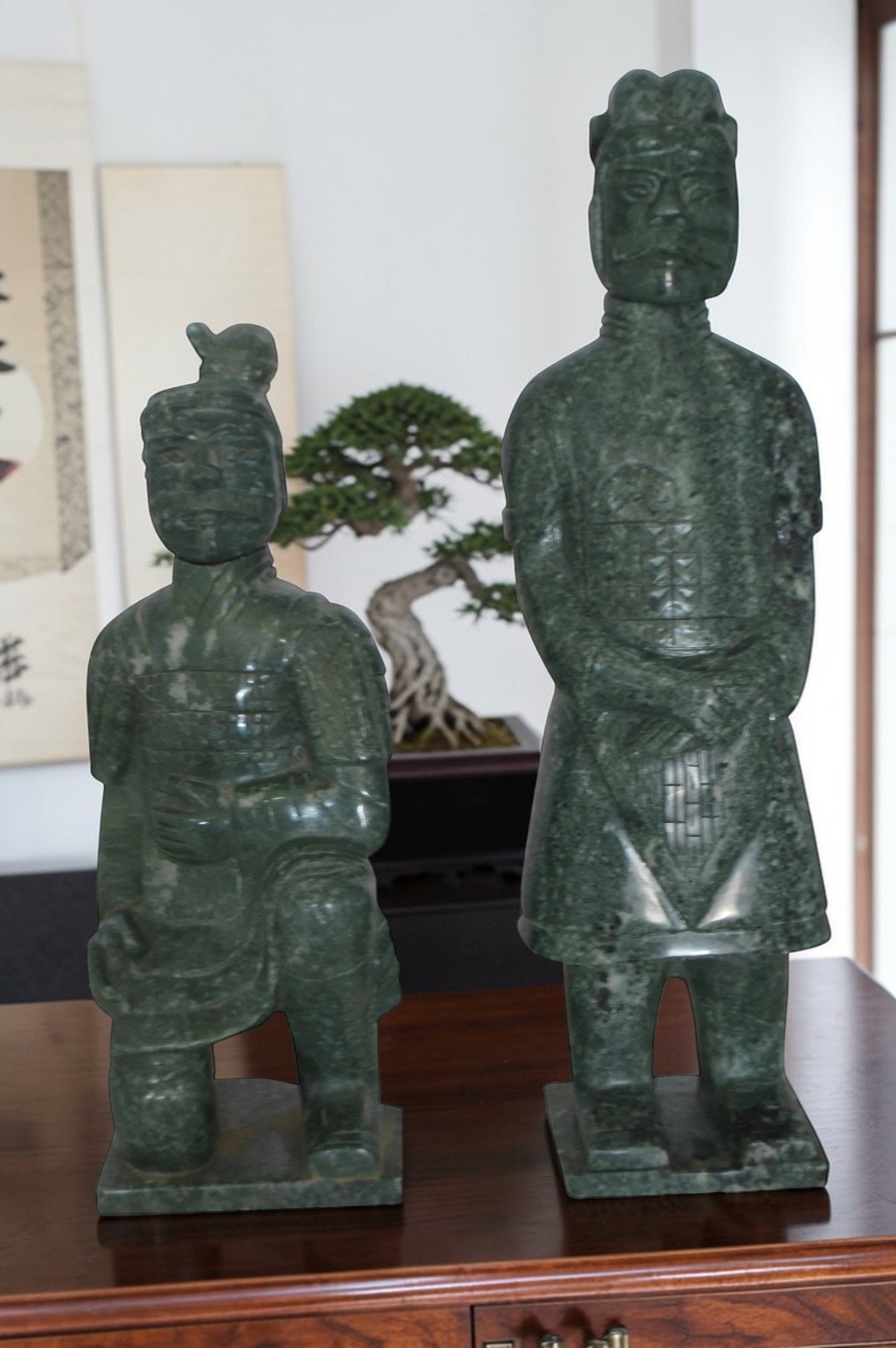 Pair of Japanese Warriors Made of Jade - Size: 6"L x 5"W x 17"H - 2