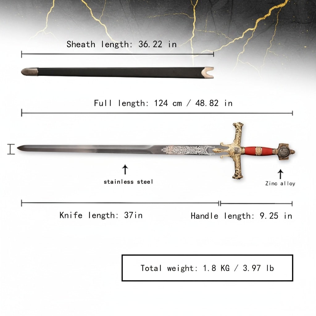 48.8in Medieval Knight Arming Sword Real Metal Blade Classic Red Collection - 2