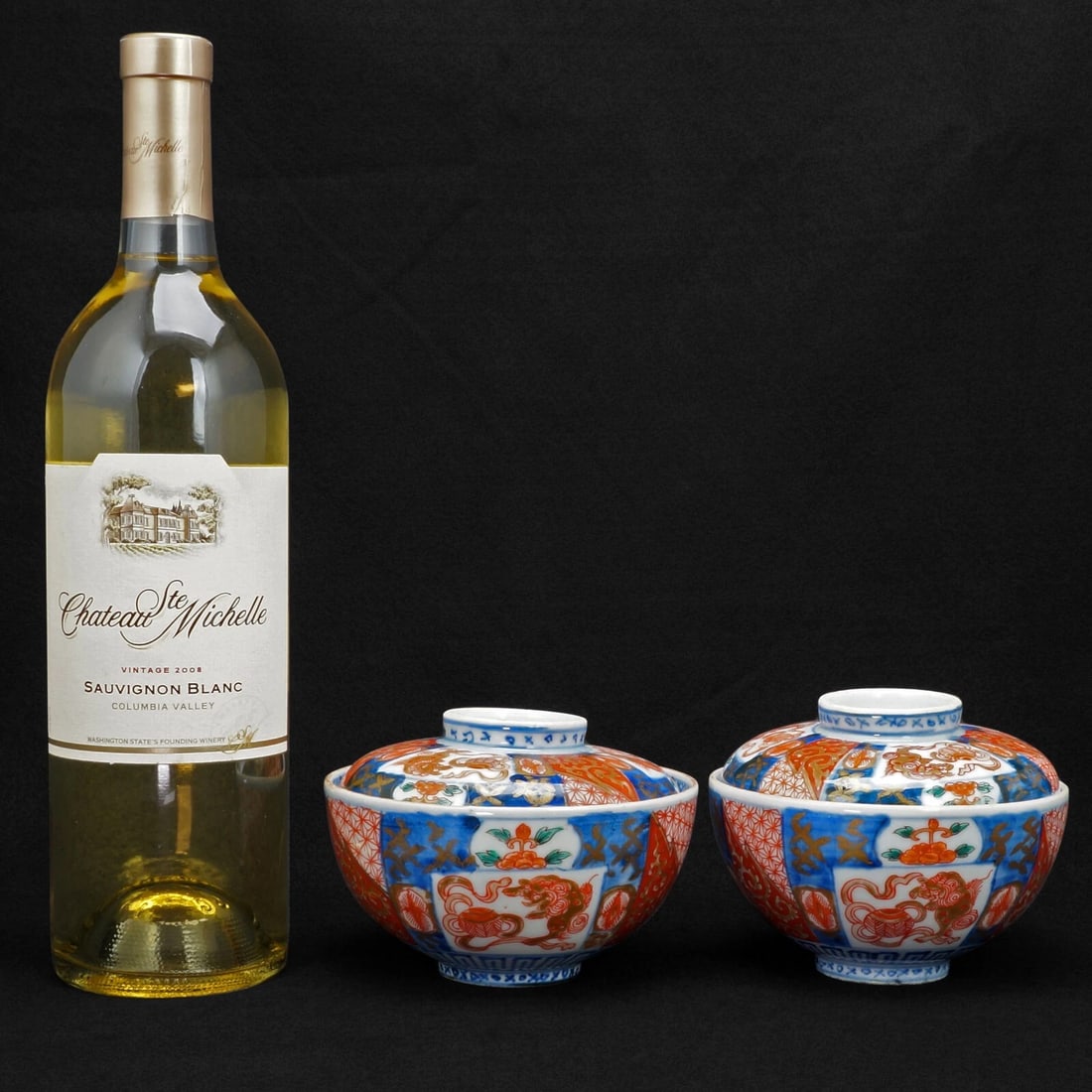 Pair 19th C Arita Imari Chawan Lidded Bowls - 2