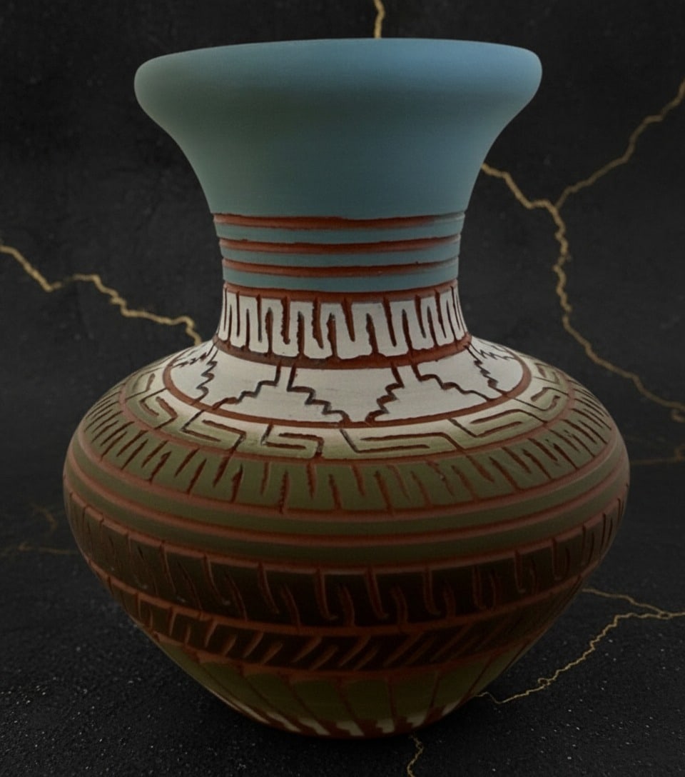 Handmade Native American Terracotta Pot Blue Green White 3" x 2.75" Signed: Title:Handmade Native American Terracotta Pot Blue Green White 3" x 2.75" Signed Description:This beautiful handmade Navajo pottery bowl serves as a stunning example of traditional artistry.