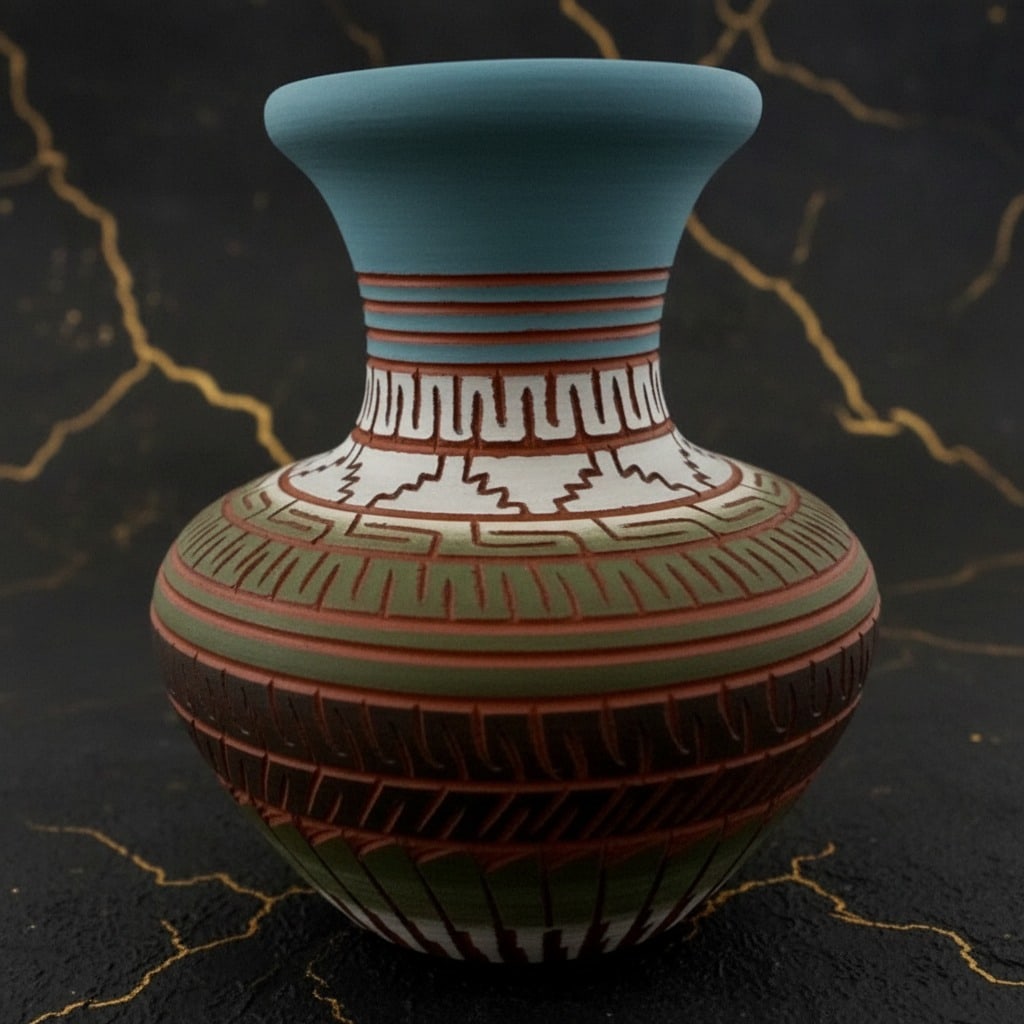 Handmade Native American Terracotta Pot Blue Green White 3" x 2.75" Signed - 2