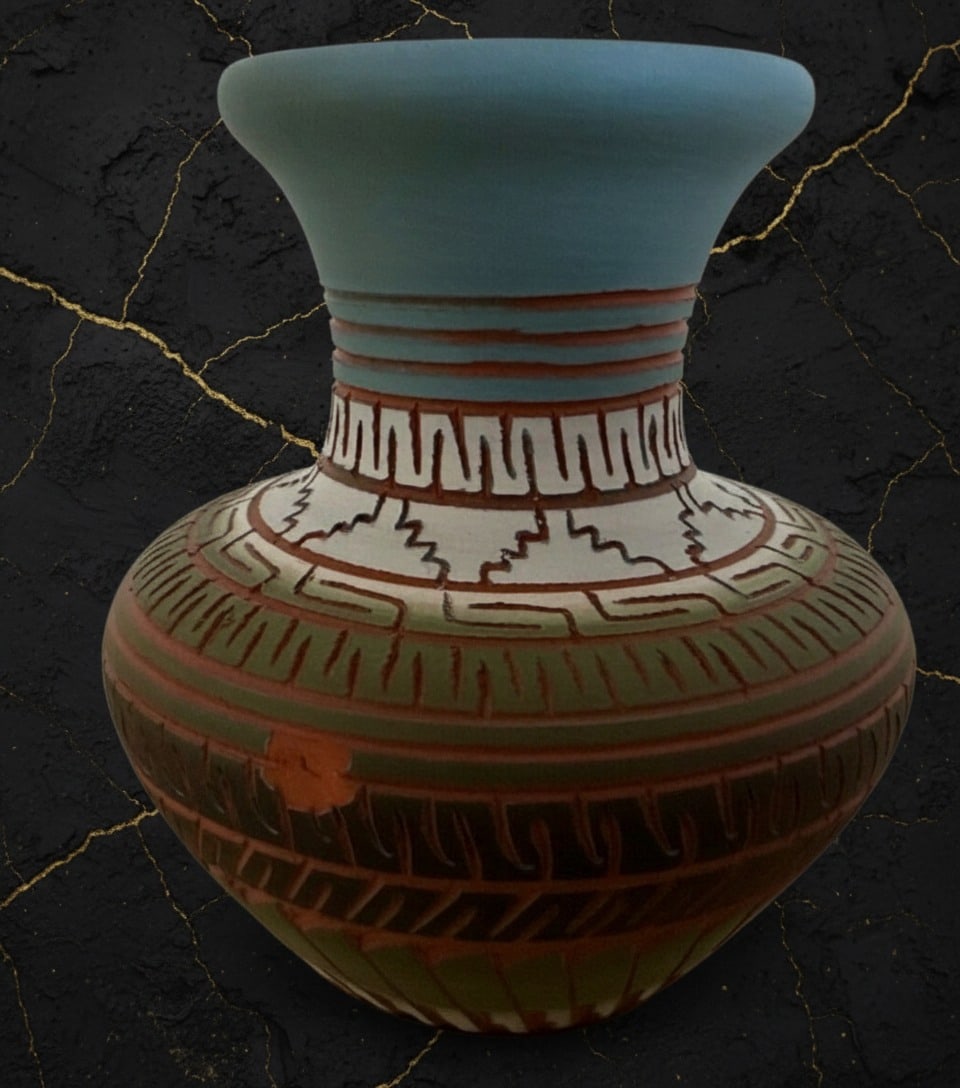 Handmade Native American Terracotta Pot Blue Green White 3" x 2.75" Signed - 5
