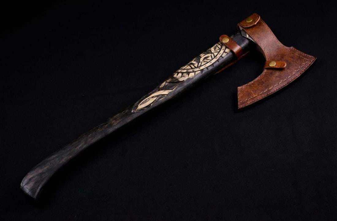 Handmade Carbon Steel Viking Axe Tomahawk w/ Engraved Ash Handle and Leather Sheath - 10