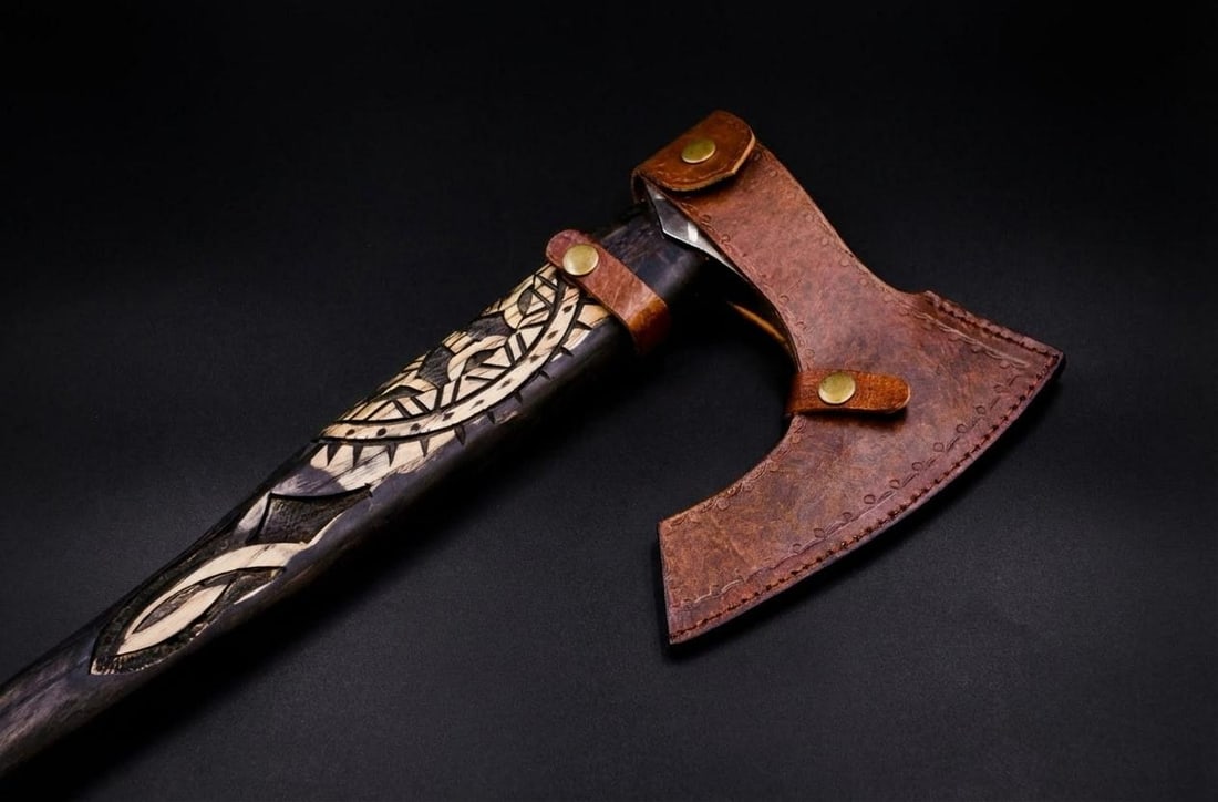Handmade Carbon Steel Viking Axe Tomahawk w/ Engraved Ash Handle and Leather Sheath - 11