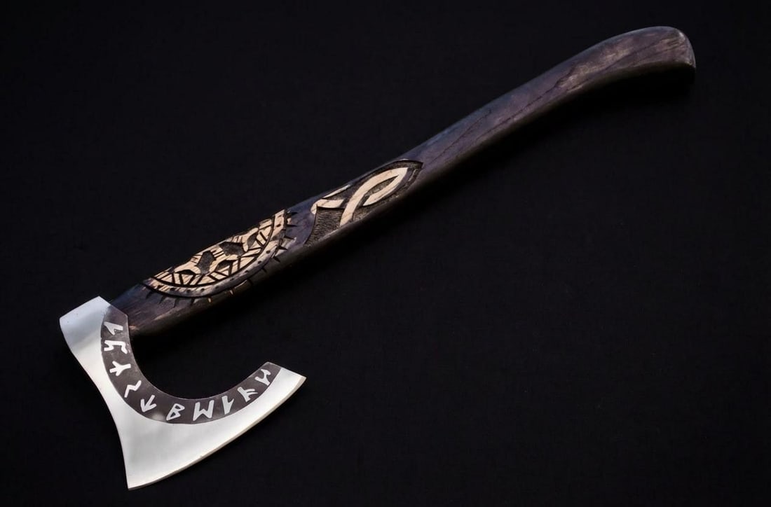 Handmade Carbon Steel Viking Axe Tomahawk w/ Engraved Ash Handle and Leather Sheath - 3