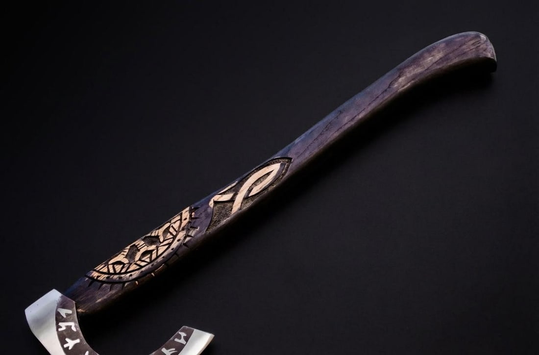 Handmade Carbon Steel Viking Axe Tomahawk w/ Engraved Ash Handle and Leather Sheath - 5