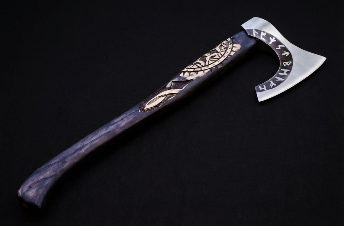 Handmade Carbon Steel Viking Axe Tomahawk w/ Engraved Ash Handle and Leather Sheath - 6