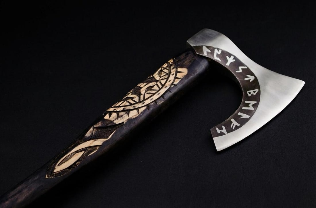 Handmade Carbon Steel Viking Axe Tomahawk w/ Engraved Ash Handle and Leather Sheath - 7