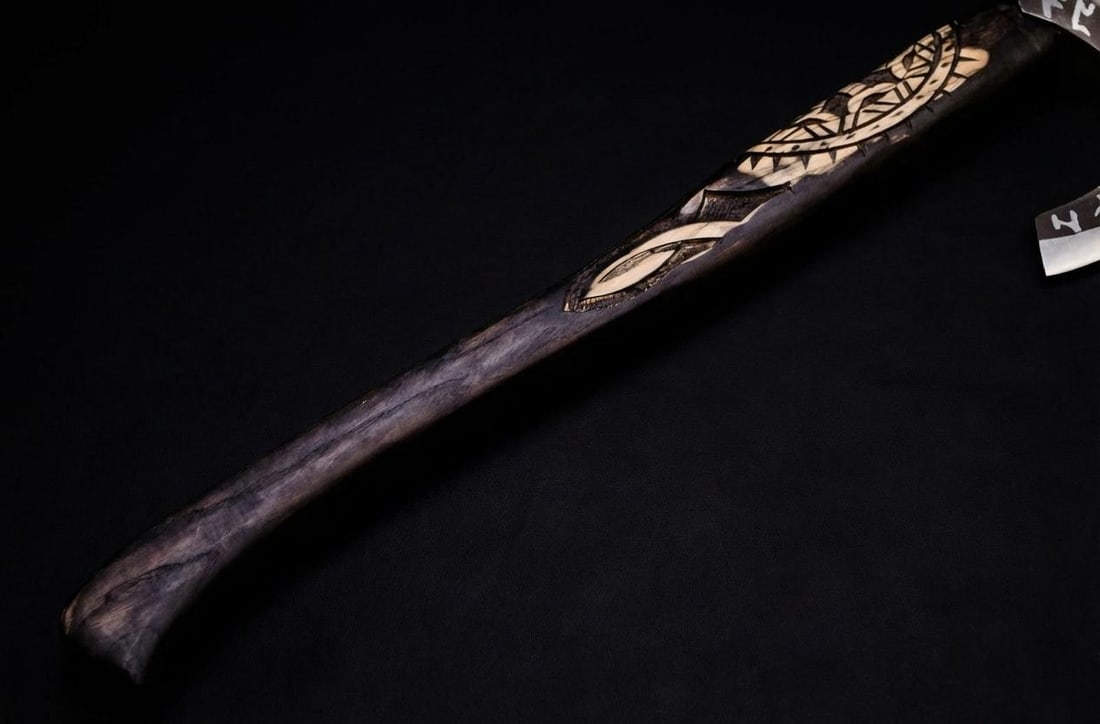 Handmade Carbon Steel Viking Axe Tomahawk w/ Engraved Ash Handle and Leather Sheath - 8