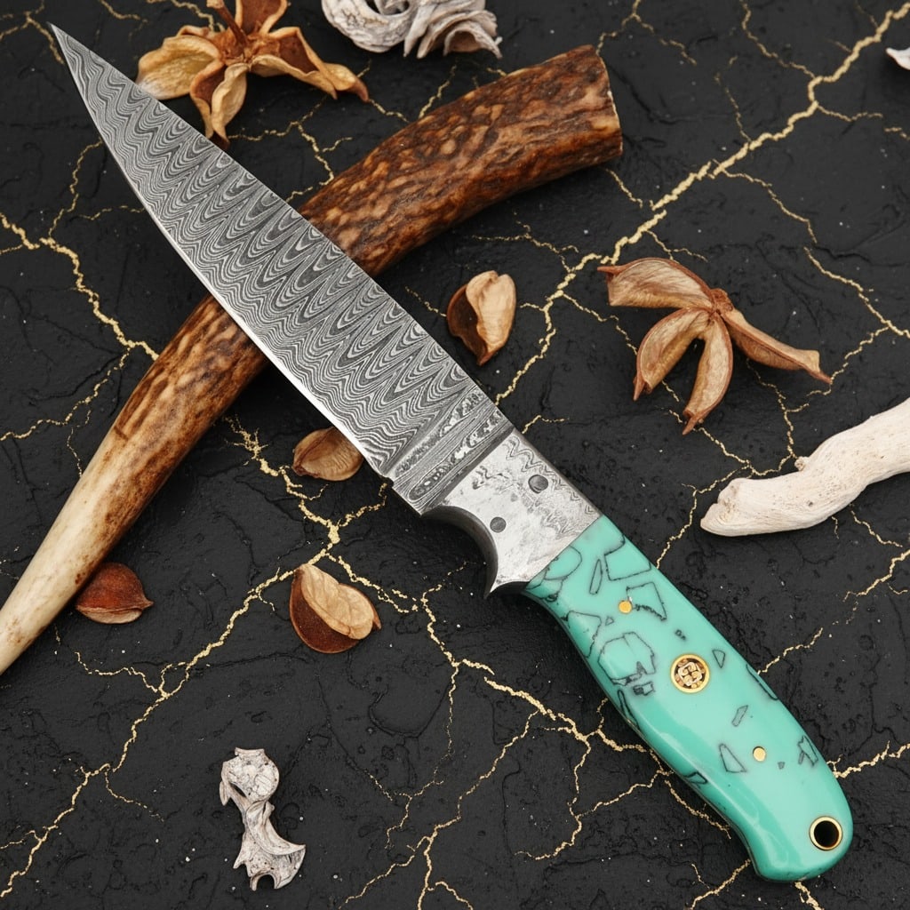 Handcrafted Damascus Steel Fixed Blade Knife Resin Handle Leather Sheath (1 of 6)