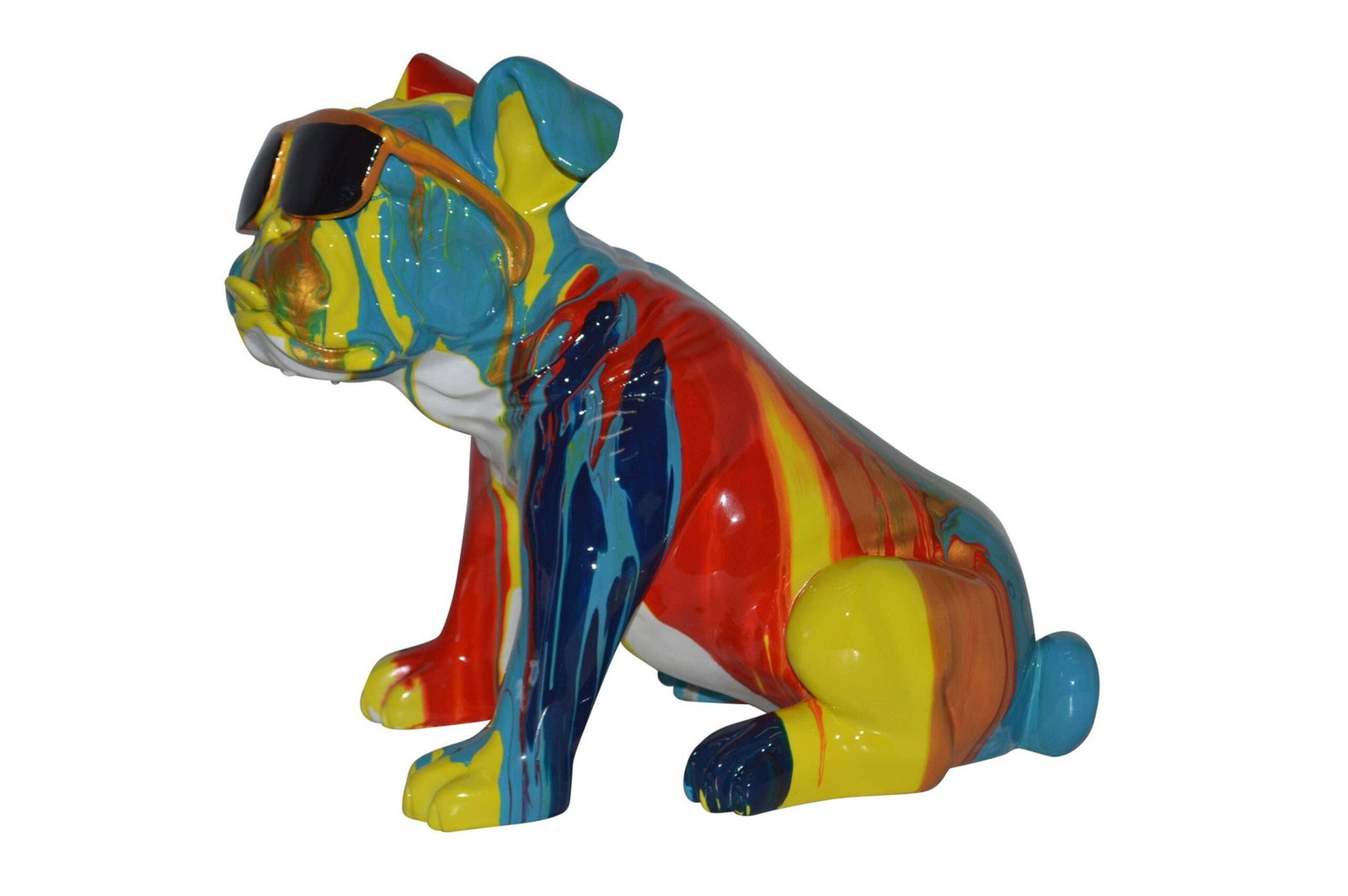 Modern art Bulldog with Sunglasses Resin Statue - Size: 16"L x 9"W x 14"H.: Title:Modern art Bulldog with Sunglasses Resin Statue - Size: 16"L x 9"W x 14"H. Description:Enjoy this life size resin statue of a multicolored Bulldog with glasses in an artistic abstract style. Bri
