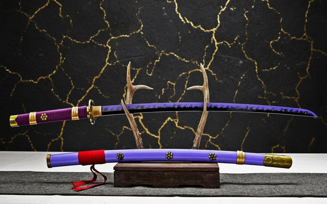 Handmade Carbon Steel Samurai Katana Anime Style Sharp Japanese Sword Purple: Title:Handmade Carbon Steel Samurai Katana Anime Style Sharp Japanese Sword Purple Description:This functional sword is fully hand-forged in Longquan, China, utilizing traditional water quench