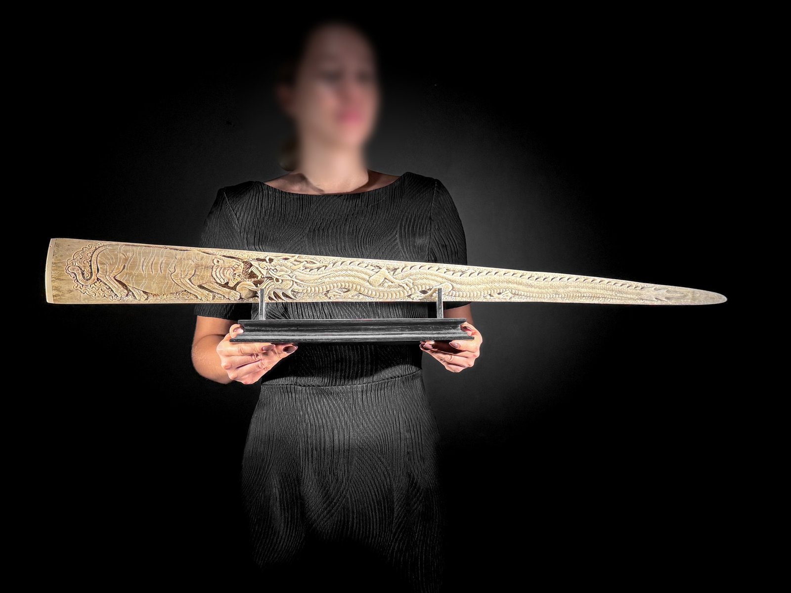 An extra large carved swordfish rostrum - Dragon tiger carving: Title: An extra large carved swordfish rostrum - Dragon tiger carving Maker:Unknown Origin: Indonesia Date/Period:2026 Materials:Xiphias Gladius, Bone, wood Dimensions:Length: 90 cm / 35.4 inches Desc