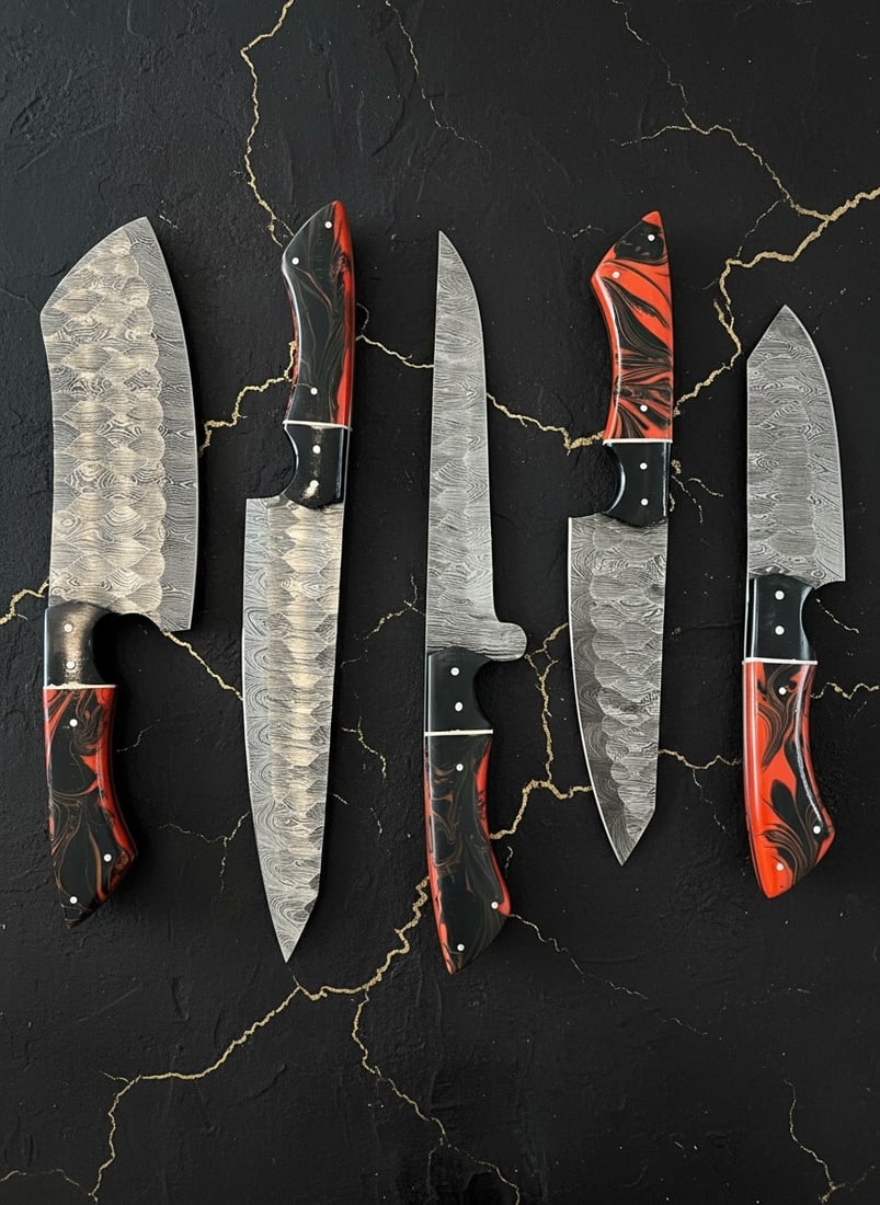 5pc Chef Knife Set Damascus Steel Hammered Blade Resin Grip Leather Roll: Title:5pc Chef Knife Set Damascus Steel Hammered Blade Resin Grip Leather Roll Description:This chef set includes five hand-forged knives and a cowhide leather carrying bag. Each piece is crafted by