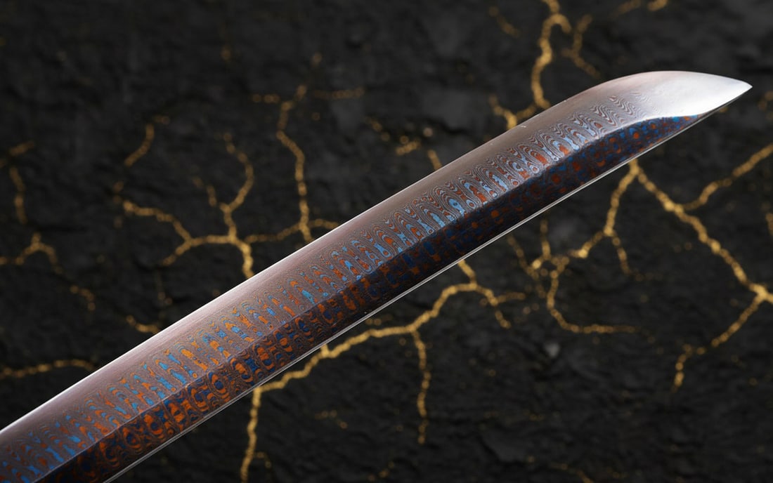 Hand-Forged Damascus 1095 Steel Samurai Katana Sharp Red and Blue Blade - 10