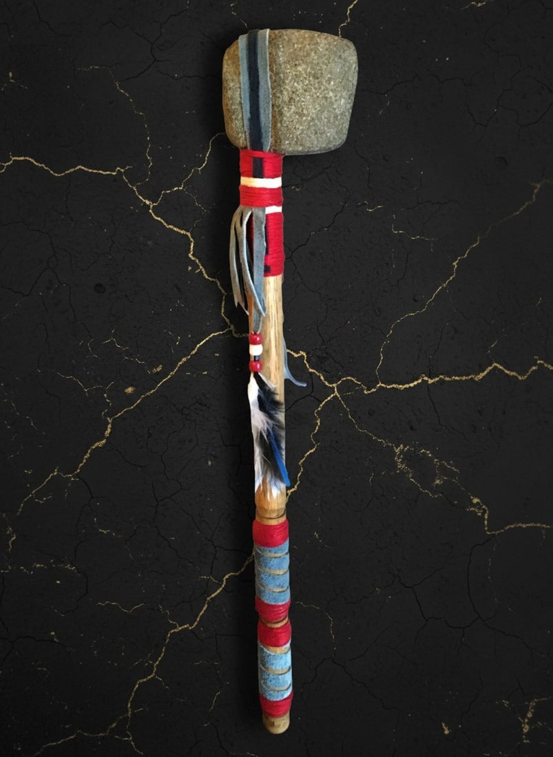 Handmade Vintage Native American Stone Head War Club Tomahawk Folk Art - 2