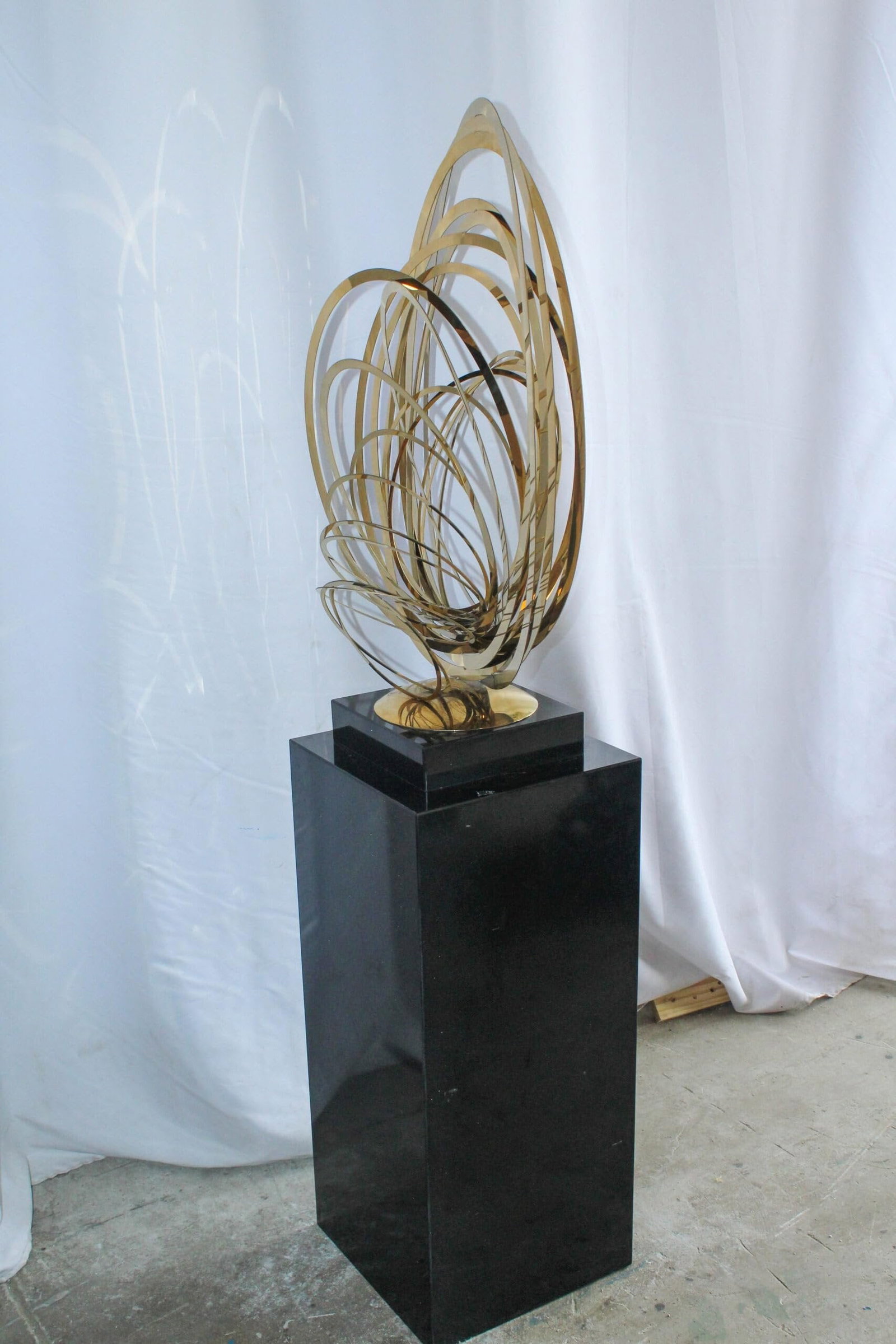 Modern Abstract Brass Sculpture with Black Pedestal Stand 18" x 14" x 67"H - 11