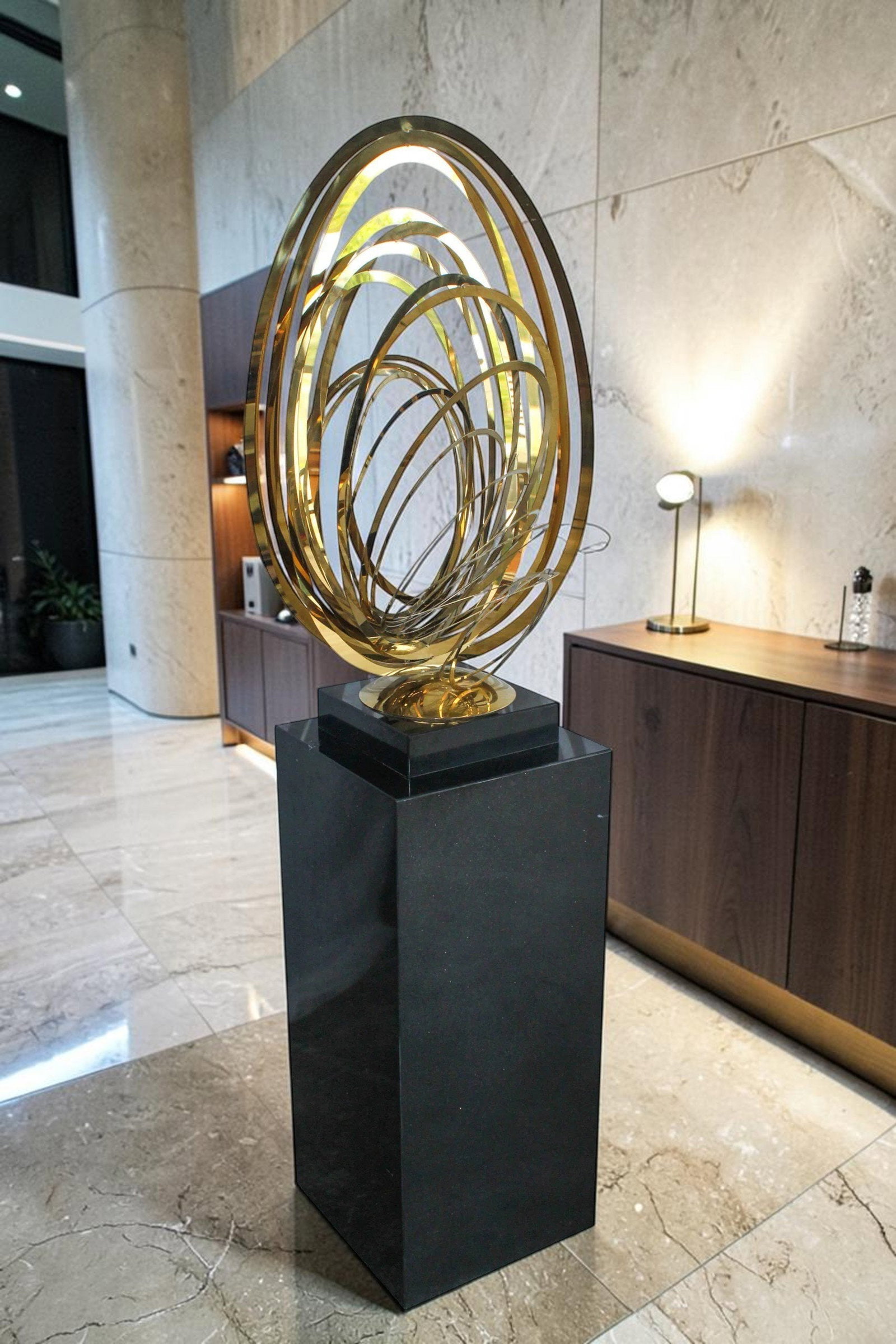 Modern Abstract Brass Sculpture with Black Pedestal Stand 18" x 14" x 67"H - 2