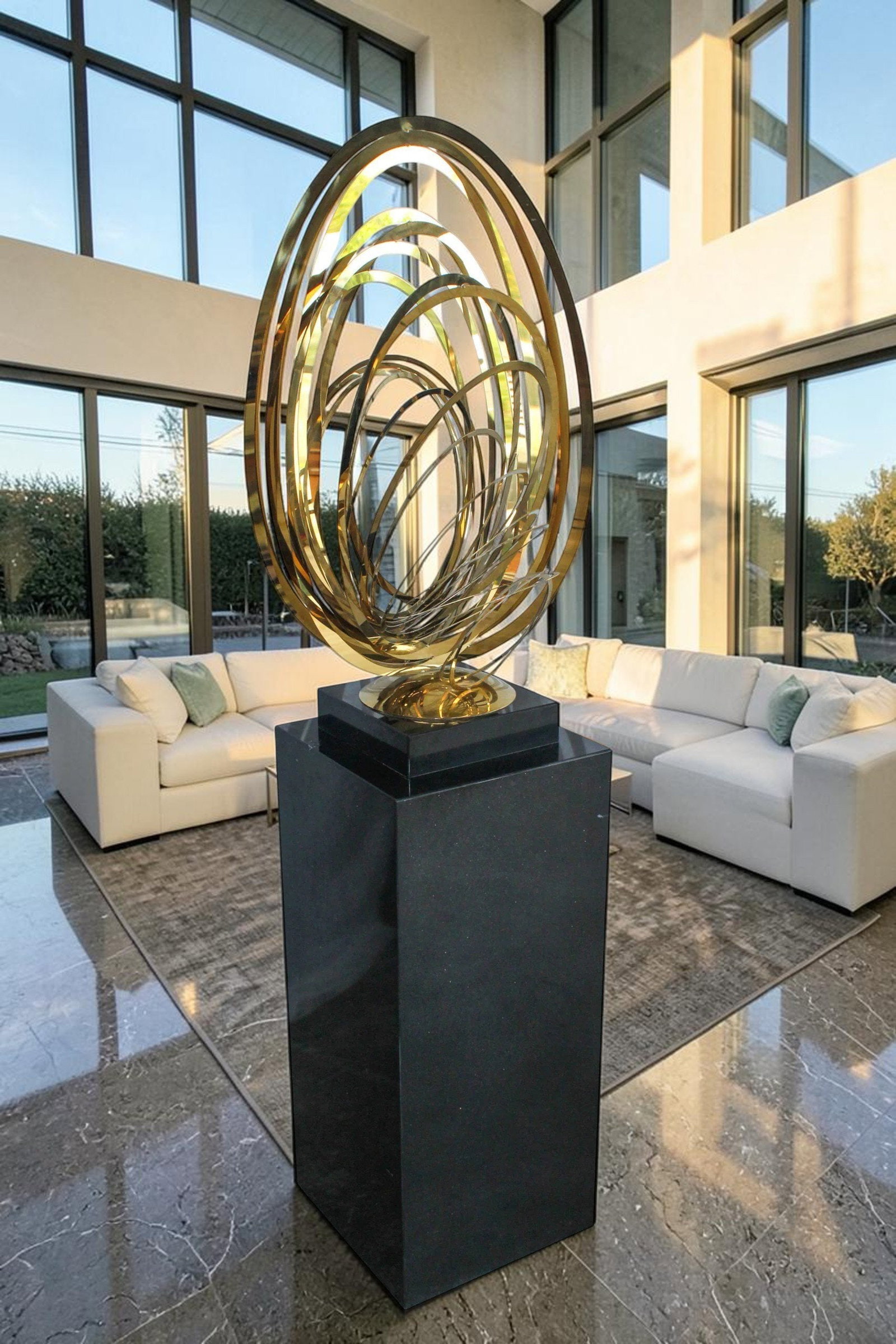 Modern Abstract Brass Sculpture with Black Pedestal Stand 18" x 14" x 67"H - 4