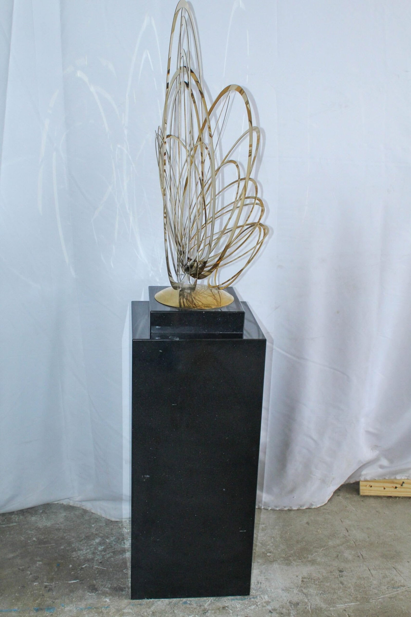 Modern Abstract Brass Sculpture with Black Pedestal Stand 18" x 14" x 67"H - 7