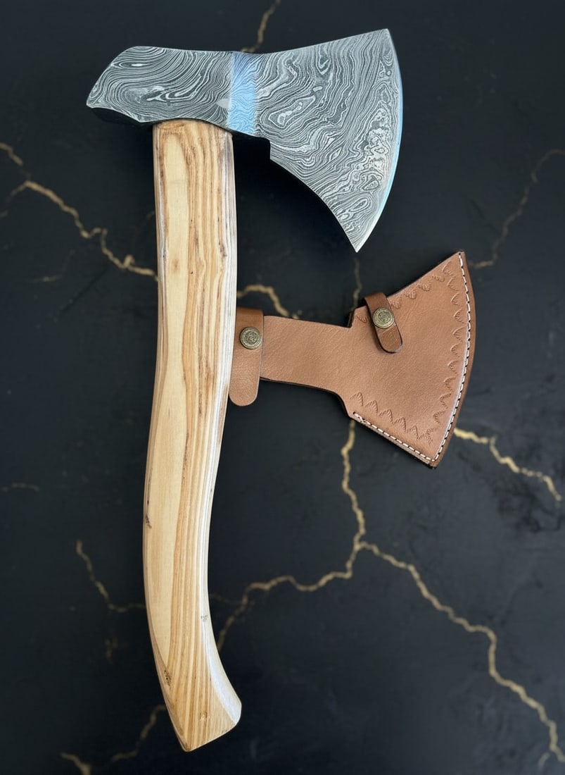 18" Hand-Forged Damascus Steel Hatchet, Wood Handle, Leather Sheath, Custom: Title:18" Hand-Forged Damascus Steel Hatchet, Wood Handle, Leather Sheath, Custom Description:This hand-forged axe features a wooden comfort grip handle and includes a cowhide leather sheath. Each ite