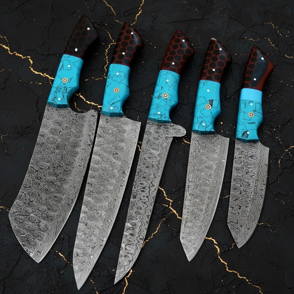 Hand-Forged Damascus Steel 5-Piece Chef Knife Set with Leather Roll Case (1 of 5)