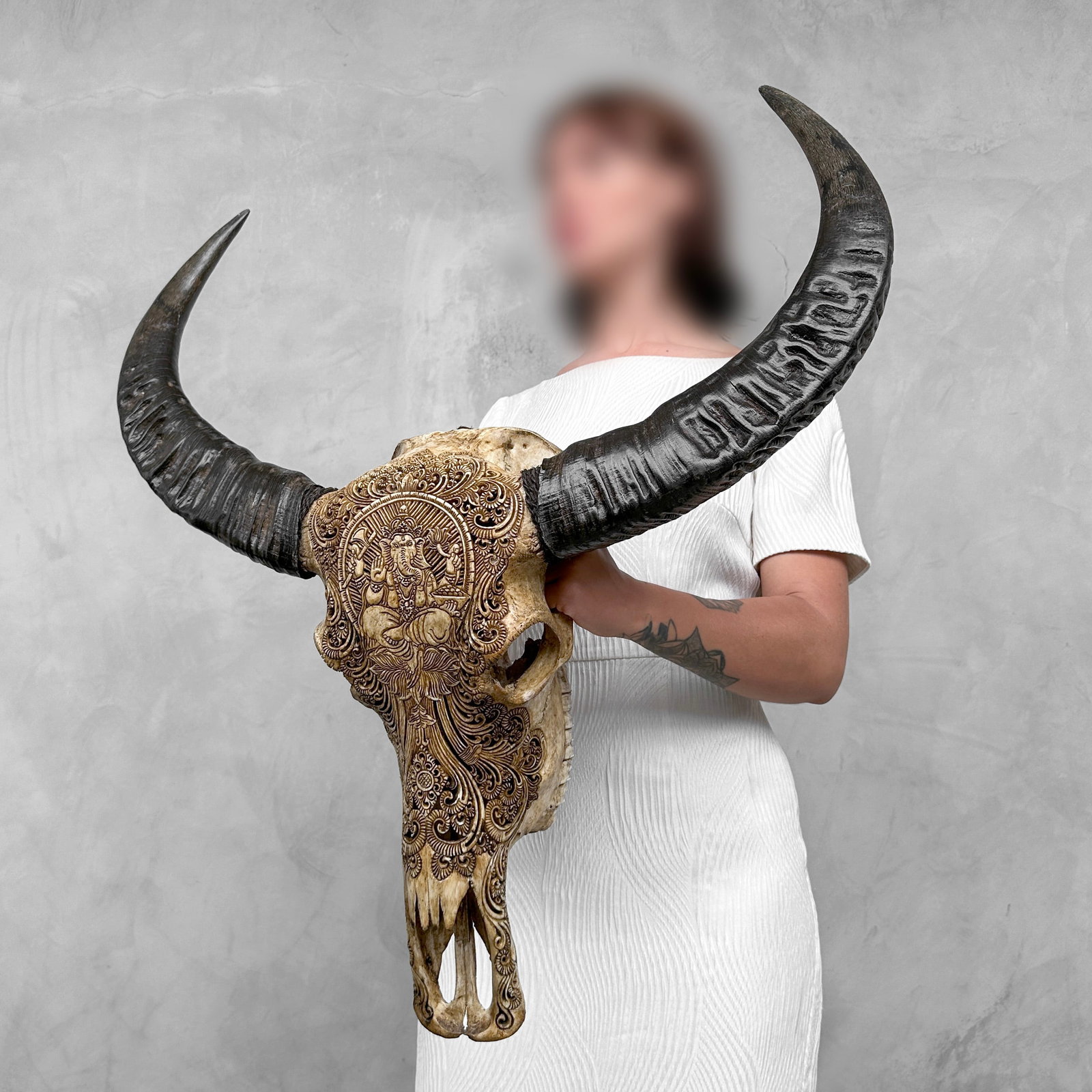 Hand-carved brown water buffalo skull - Ganesha motif - 2