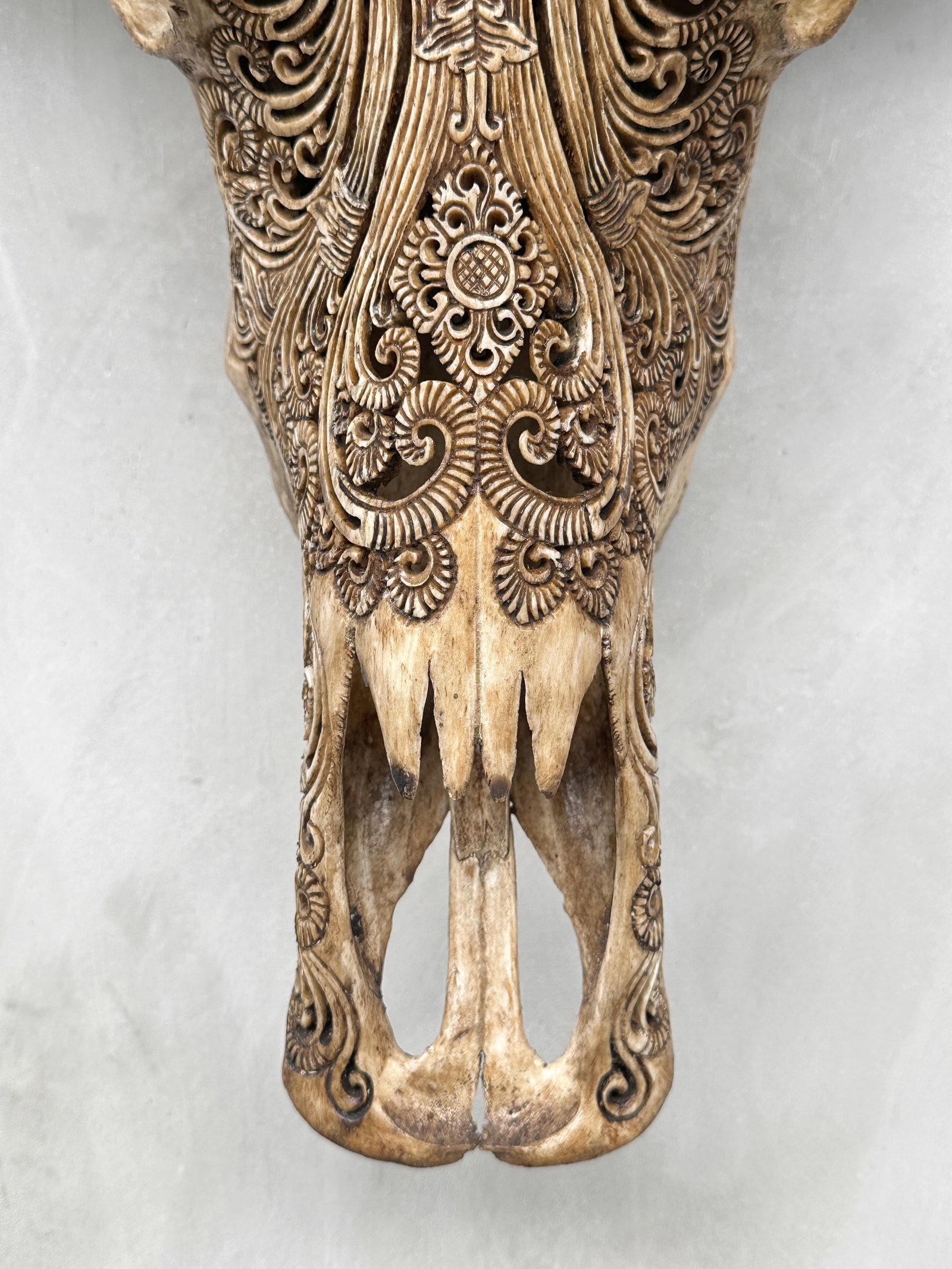 Hand-carved brown water buffalo skull - Ganesha motif - 4