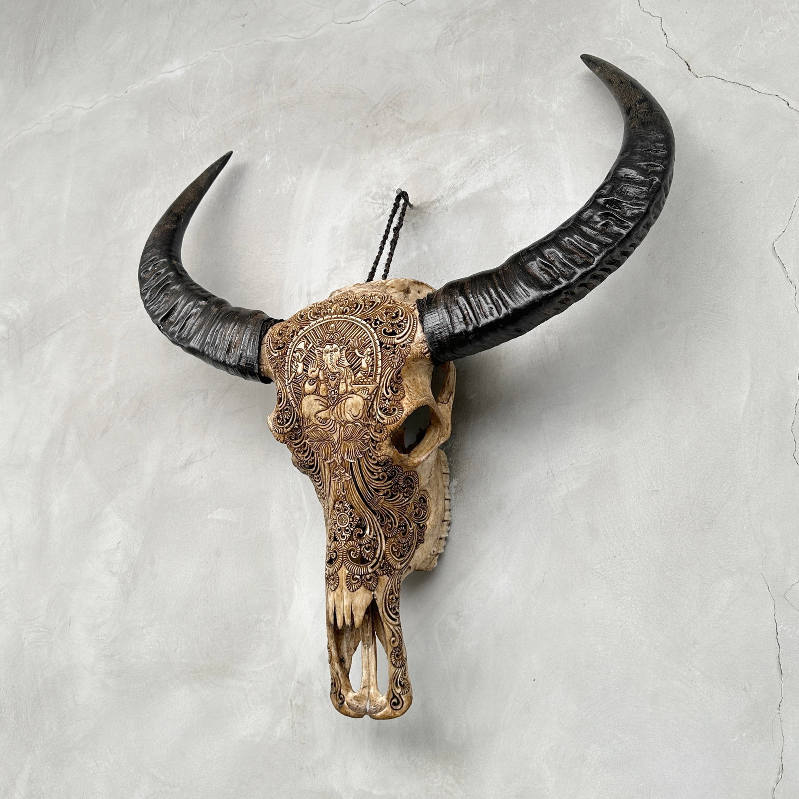 Hand-carved brown water buffalo skull - Ganesha motif - 7