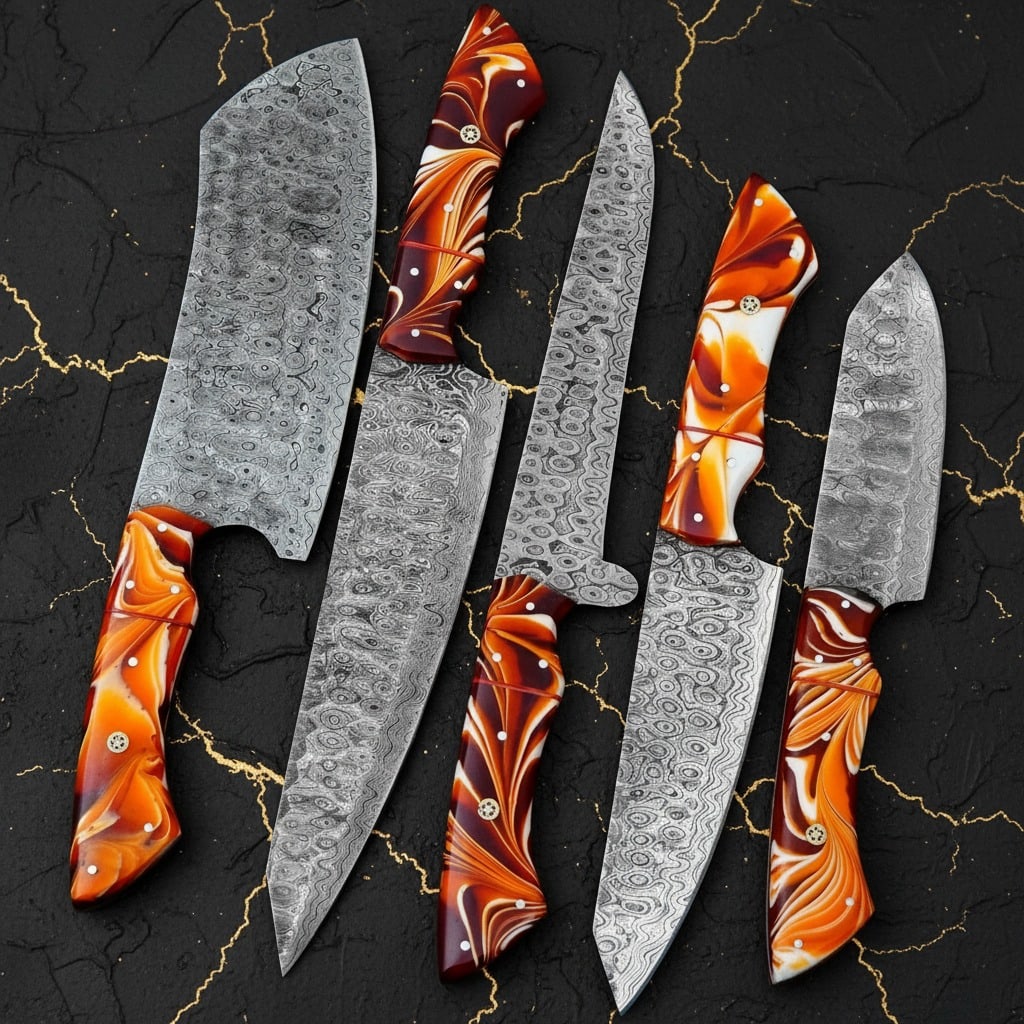 5pc Hand-Forged Damascus Steel Chef Knife Set Hammered Blade w/ Leather Roll - 5